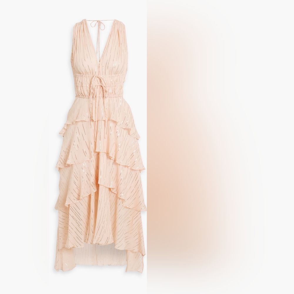 MAJERuffled metallic silk-blend crepon midi dress